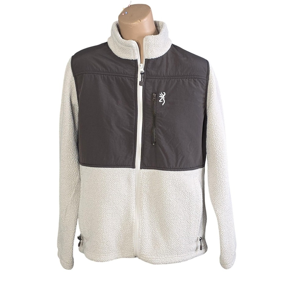 Browning Sherpa Fleece Jacket‎ Womens Medium White Gray Full Zip Buckmark Logo